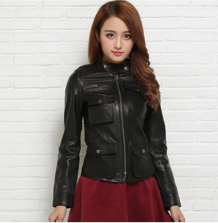 shipping,100% Genuine leather Free women slim fur jackets.motorbiker Asian size female sheep skin jacket Brand Suede warm