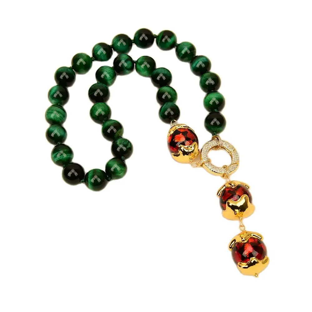 

GG Jewelry 19" Natural Green Tiger Eye Red Murano Glass Necklace Gold Plated Edge Round Beads Pendant Women's Party Style Neck