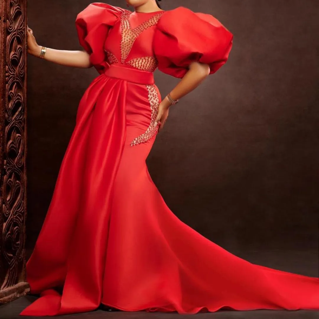 

Luxury Red Satin Huge Bubble Sleeve Mermaid Sexy Beaded Round Reck Wedding Prom Gown Saudi Arabia Ruffle Evening Dress Vestido