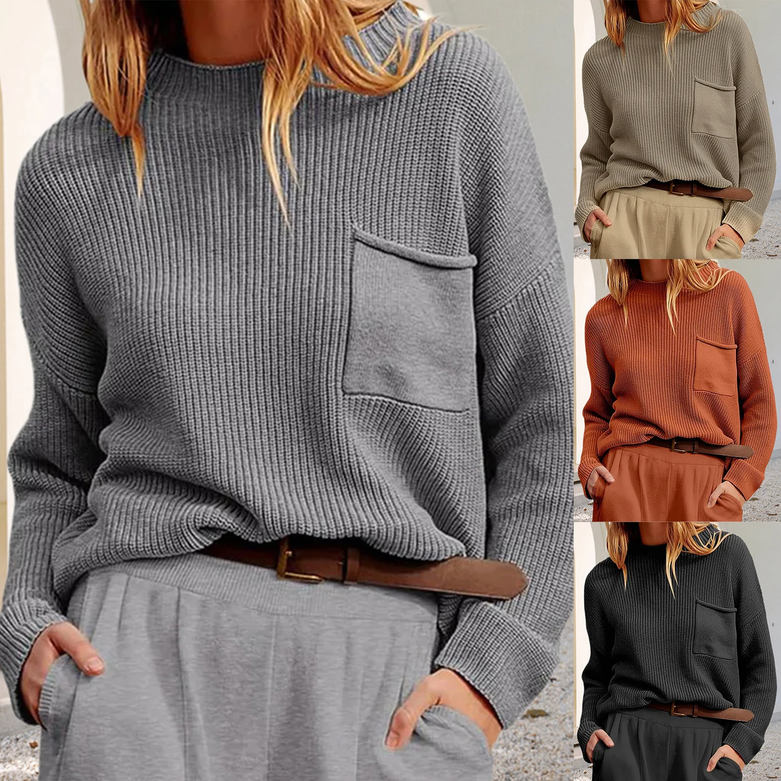 

Women O-Neck Sweater Pocket Loose Casual Fashion Pullover Long Sleeve Solid Color Vacation Womens Clothing