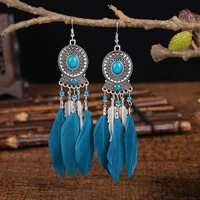 vintage ethnic long blue feather earrings for women creative silver plated carved beads metal leaf tassel earrings boho jewelry
