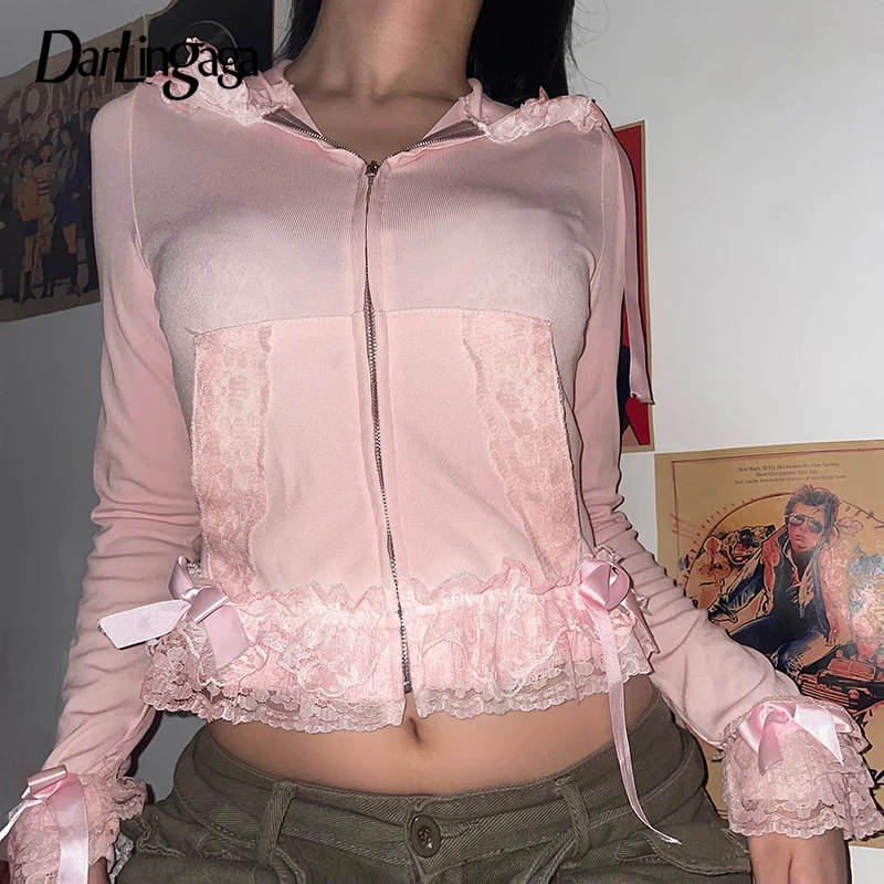 

Darlingaga Korean Sweet Pink Hooded T shirt Female Slim Zip Up Tee Shirts Coquette Clothes Bow Lace Spliced Lolita Autumn Tops