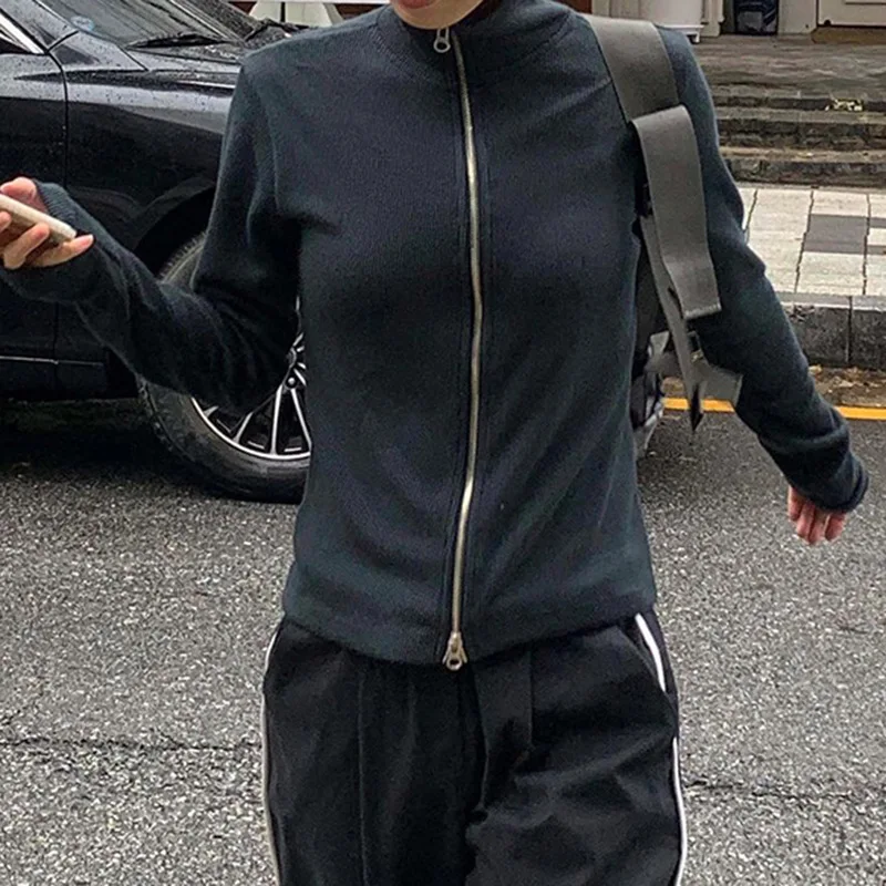 

Y2K Stand-up Collar Jacket Broad Legged Pants Autumn and Winter New Women's Personalized Street Casual Slim Section Knitted Suit