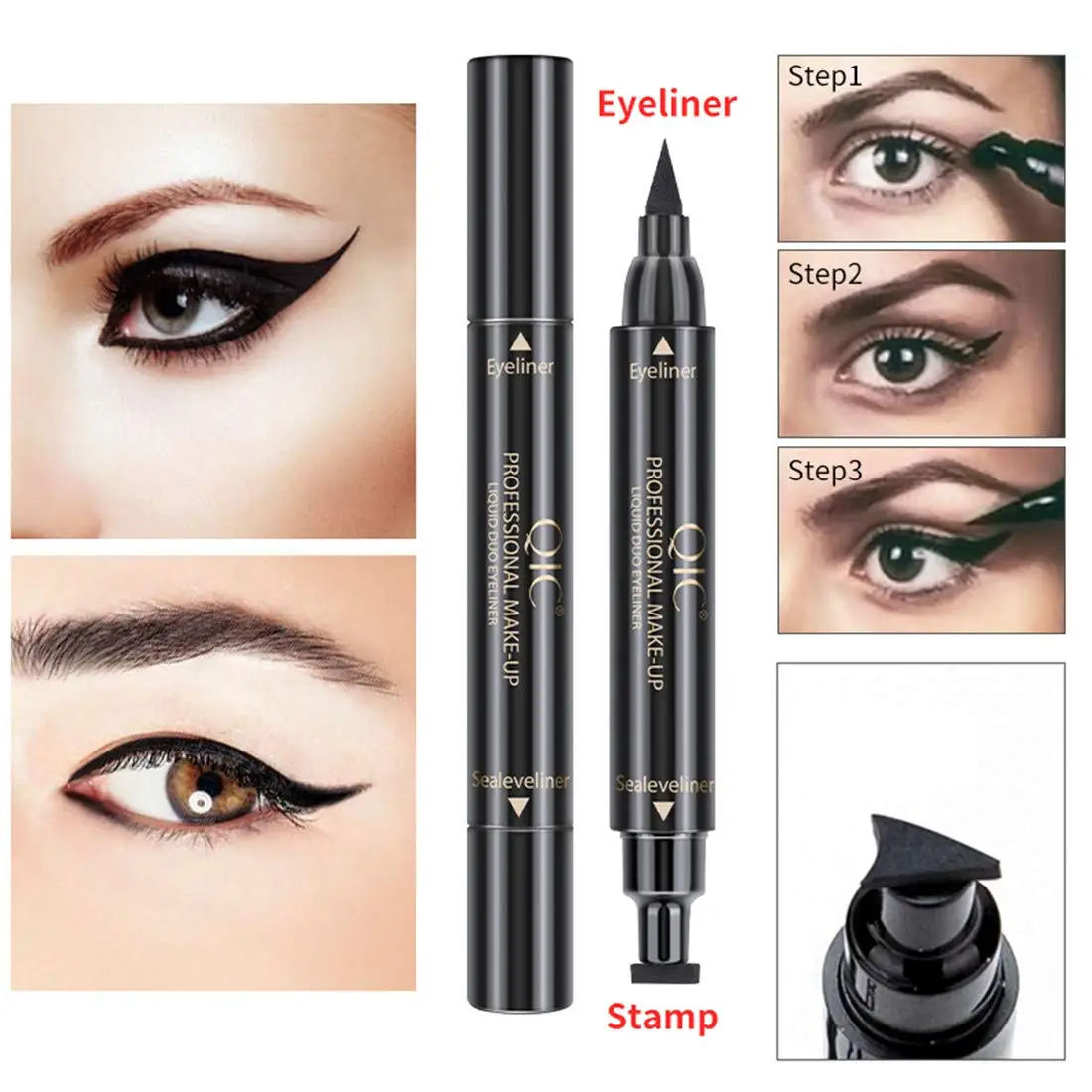 

2 In 1 Winged Stamp Liquid Eyeliner Pen Eyes Makeup Waterproof Fast Dry Lasting Cosmetics Black Stamps Seal Eyeliner Pencil