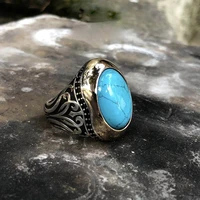 new personality retro punk european and american gemstone turquoise ring male tiger eye stone two color ring temperament jewelry