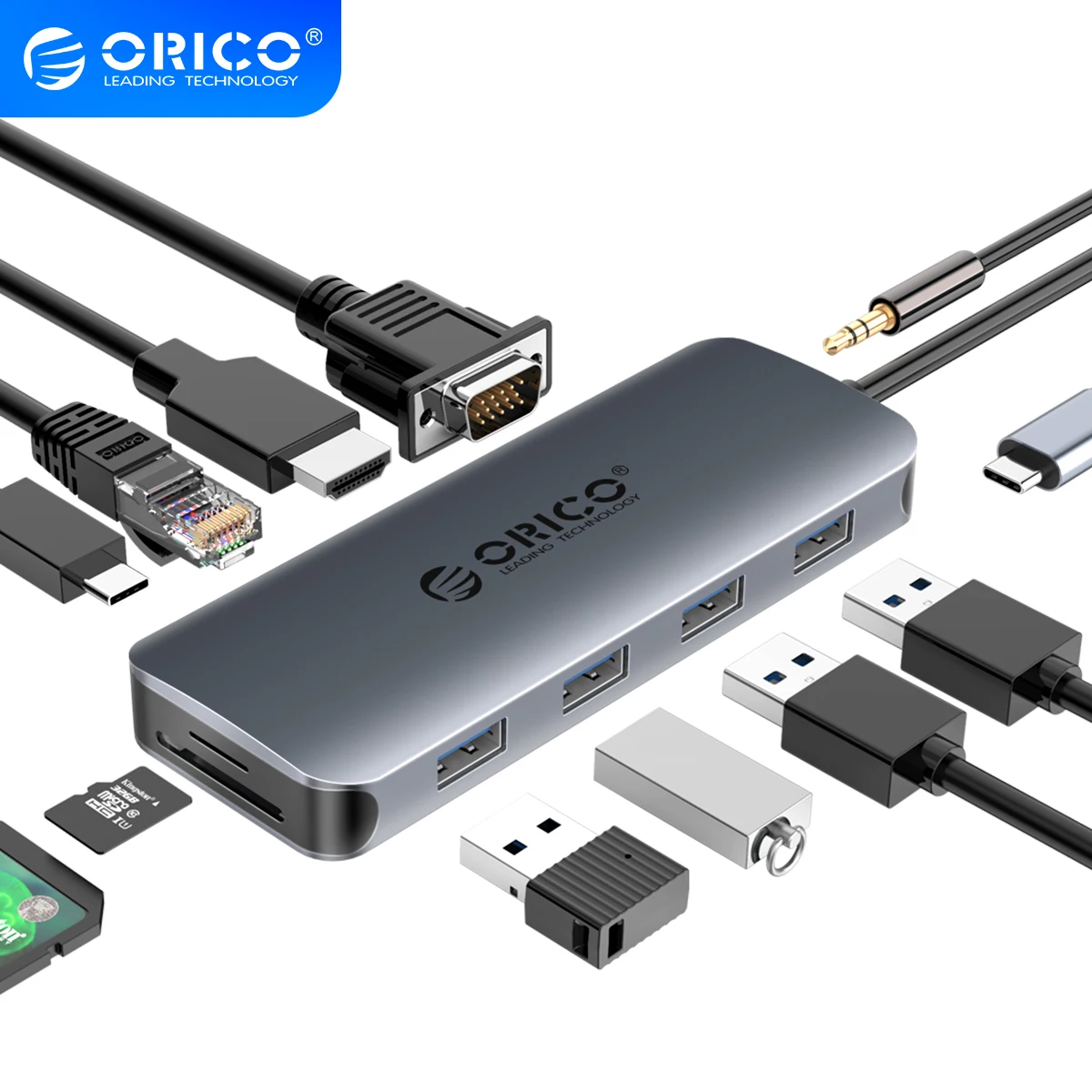 

ORICO USB C Dock 11-in-1 Type C HUB with 4K VGA PD RJ45 SD/TF Card Reader USB3.0 Port 3.5mm Audio Jack Adapter Docking Station