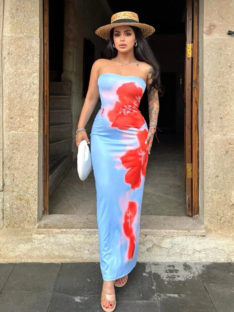 Женское платье без бретелек с цветочным принтом и открытой спиной