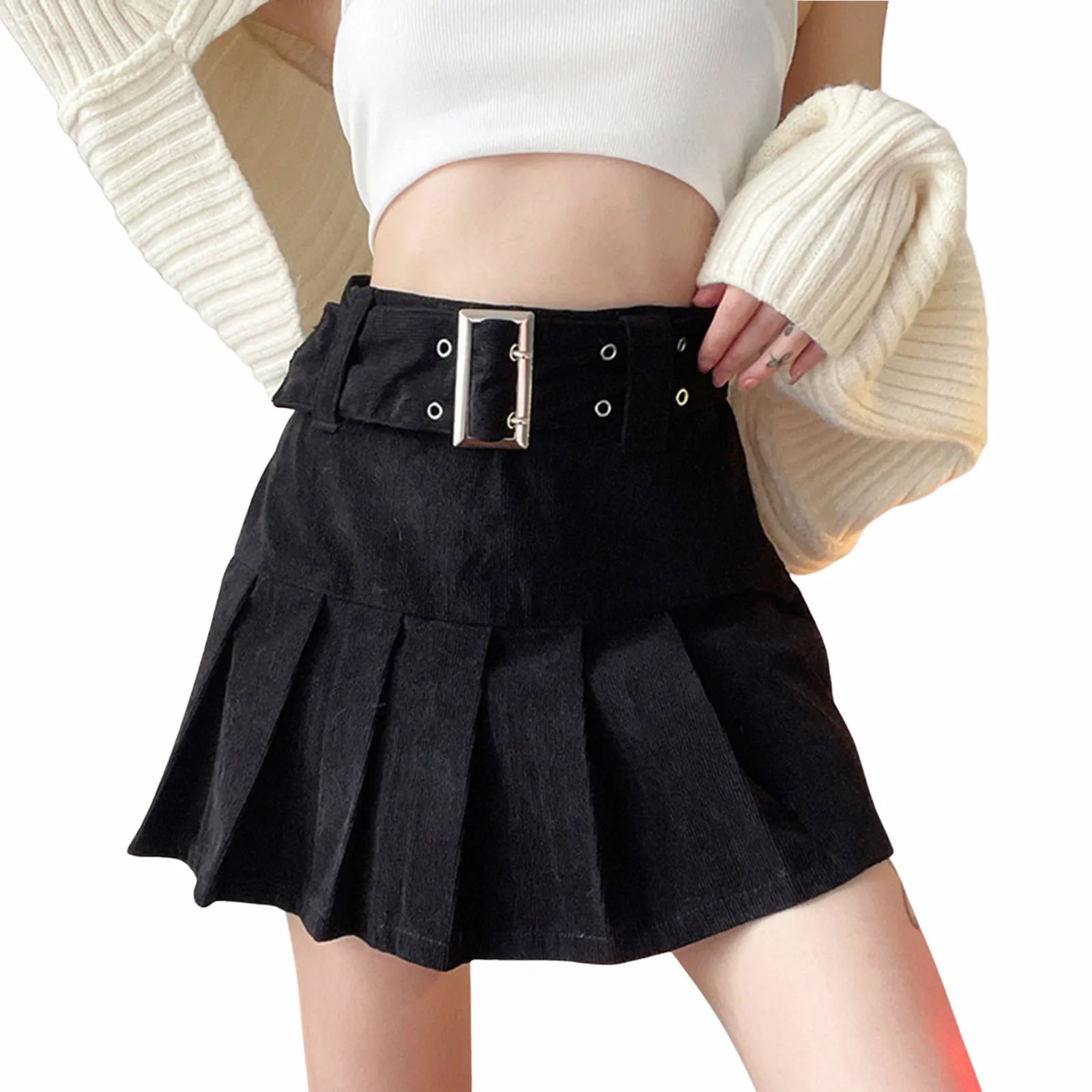 

Женская плиссированная юбка, однотонное вельветовое приталенное винтажное короткое платье с высокой талией и поясом в стиле ретро