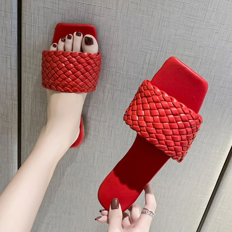 

Summer Women Flat Sandal Lightweight Outdoor Beach Shoes Solid Color Lady Weave Home Slipper Comfortable Simple Solid Color Shoe