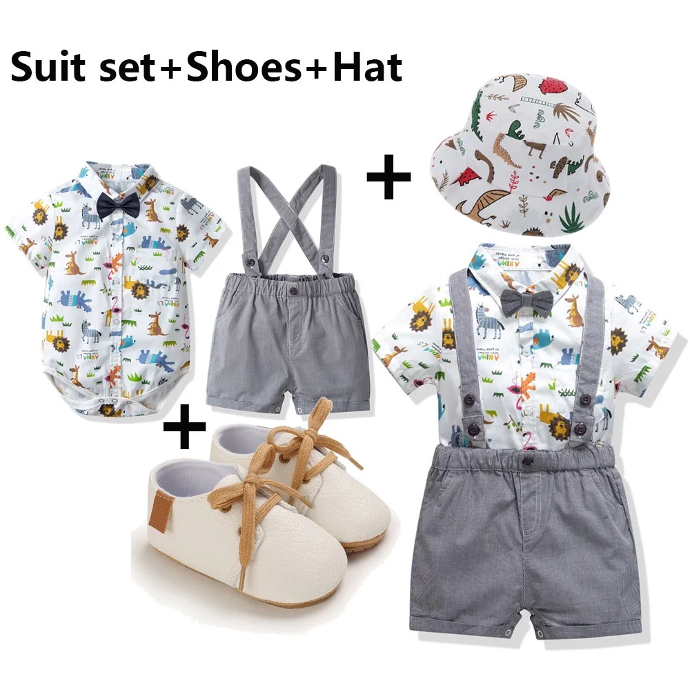 4pcs Set Costume for Baby Boy Newborn Clothes  Summer Animal Printed  Romper + Shoes  Hat Infant Birthday  0-18M