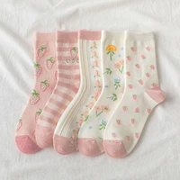 japanese harajuku style kawaii woman socks cotton with strawberry and flower funny and pink socks women 121702