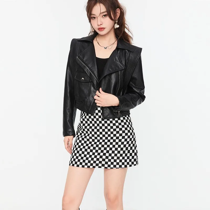 

Fashionable and Elegant Motorcycle Suit Short Leather Coat Spring New Explosive Street Wear with INS Trendy Top for Women2023