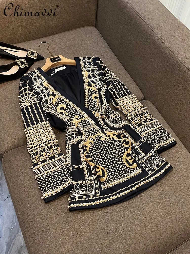 French Retro Printed Women's Jacket 2023 Spring New Fashion V-neck Long-Sleeved Thickened Mid-Length Suit Coat All-Matching