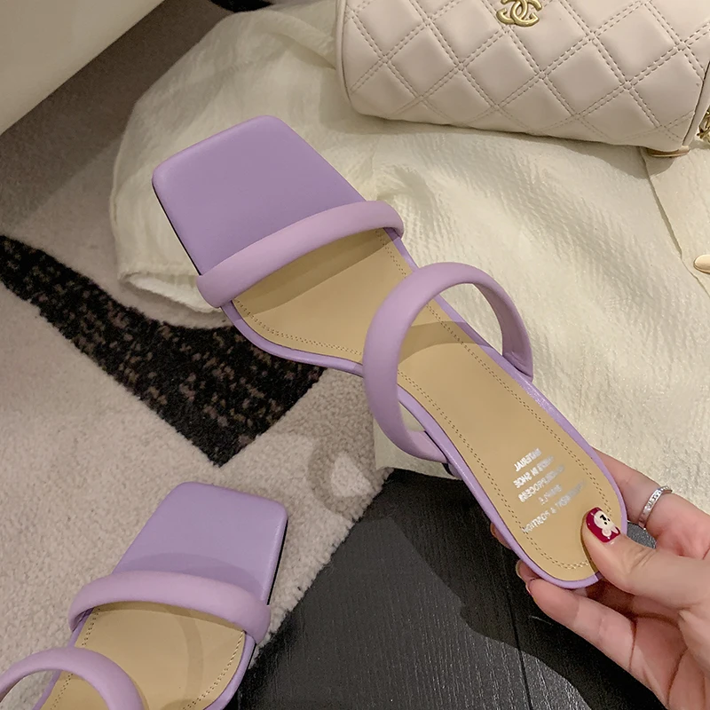 

One word belt slippers women's summer outer wear new square head stiletto purple fairy style sandals and slippers high heels