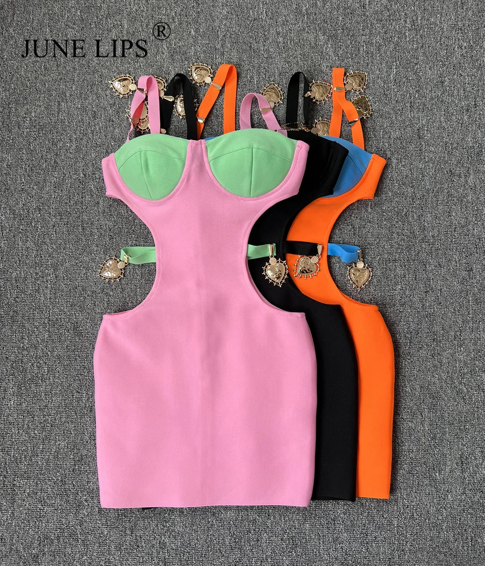 

JUNE LIPS 2023 New Winter Women's Sexy Pink Black Orange Hollow Out Bandage Mini Dress Evening Celebrity Club Party Dress