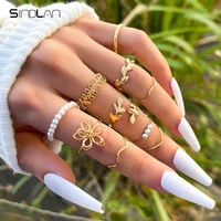 sindlan 10pcs boho pearl gold rings for women vintage flower geometric set aesthetic female fashin jewelry anillos mujer bague