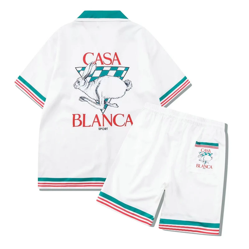Casa Set Color Match Striped Pattern Hawaii Beach Shorts Set Men Lapel Casual Shirts Summer Oversized Loose Hip Hop Tracksuit
