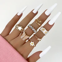 7pcs y2k sweet cool white enamel daisy butterfly flower star rings set for girls boho gold color crystal rings statement jewelry