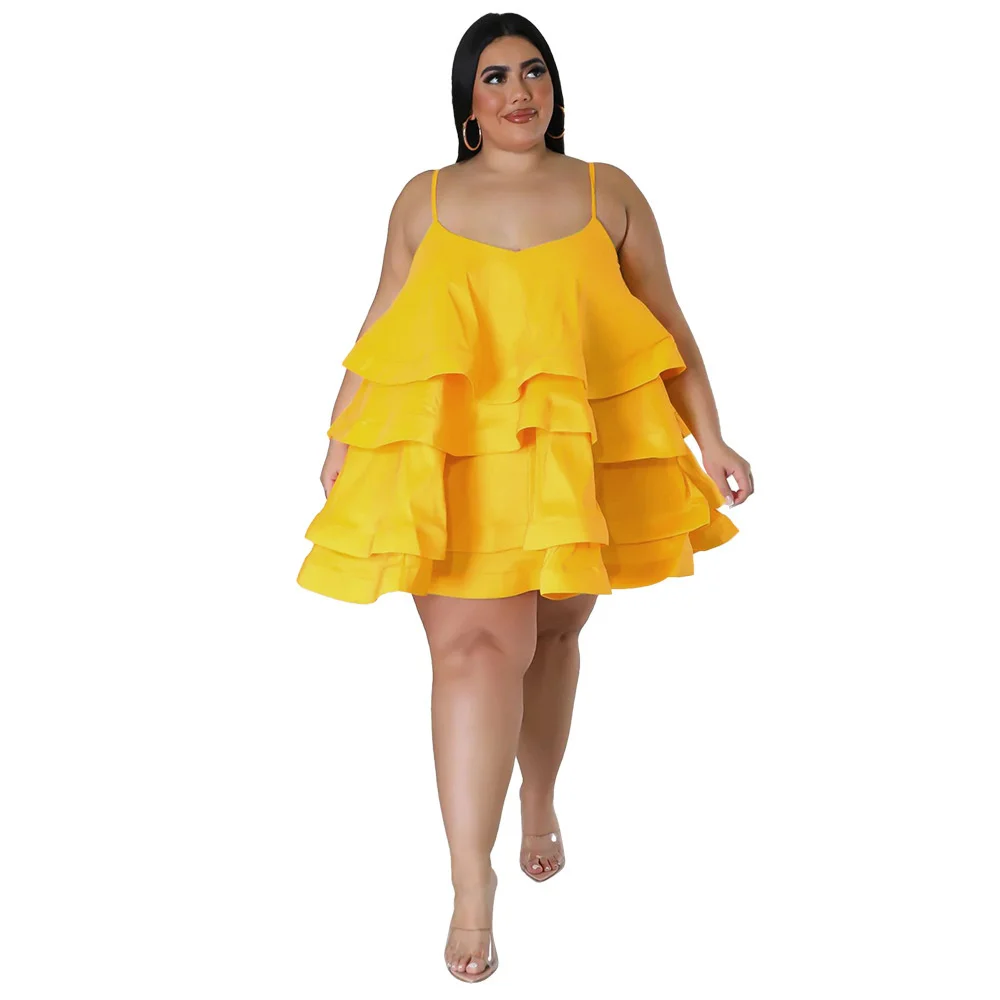 Plus Size Summer Sexy Puff Ruffles Sleeveless Women Dress 4xl Spaghetti v Neck Layers Solid Holidays Par 3xl 4xl 5xl 6xl