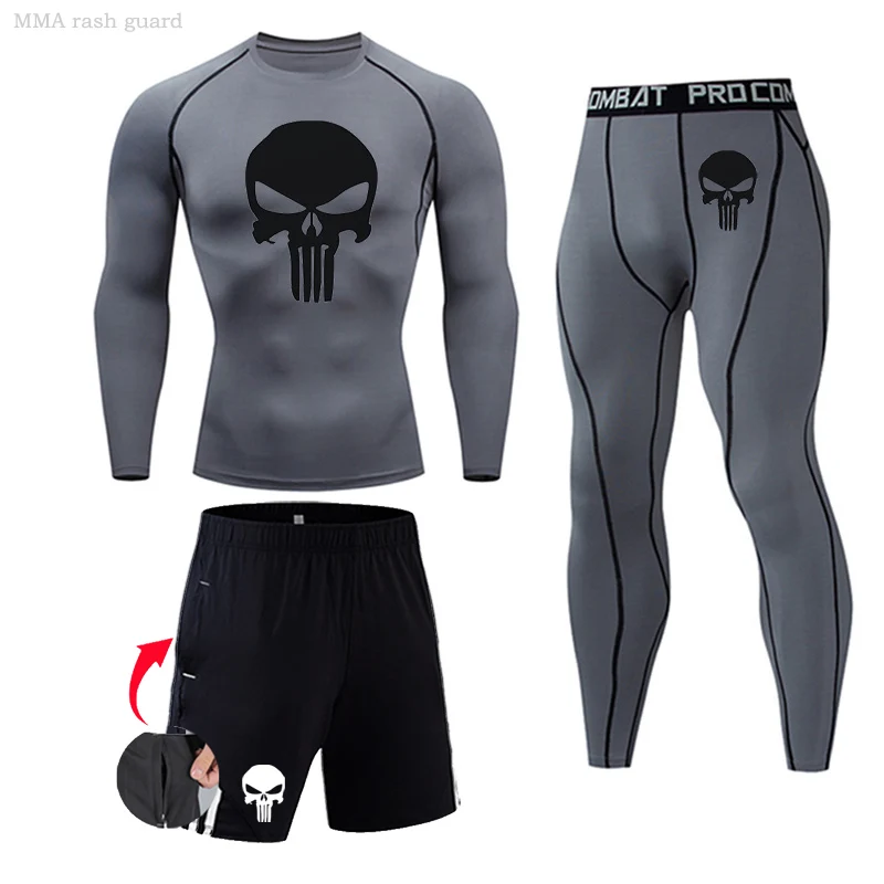 Spring Sports Underwear Male skull T-shirt Fitness Leggings Running shorts Compression Sports Second skin Workout Clothes Set