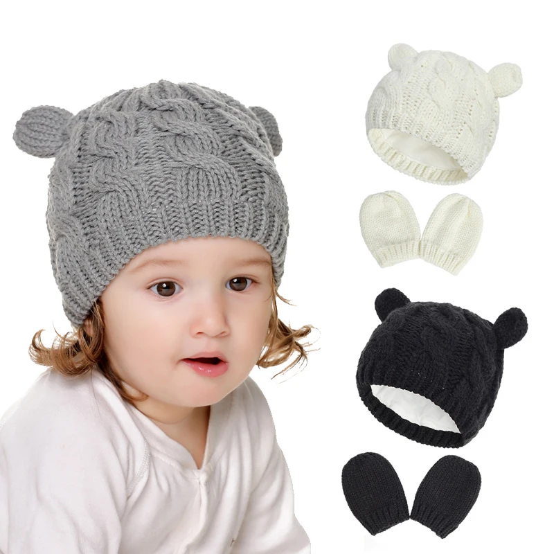 

Новинка 2021, детская зимняя теплая вязаная шапка для маленьких мальчиков и девочек, однотонная теплая Милая перчатка с ушками, милая Шапка-би...