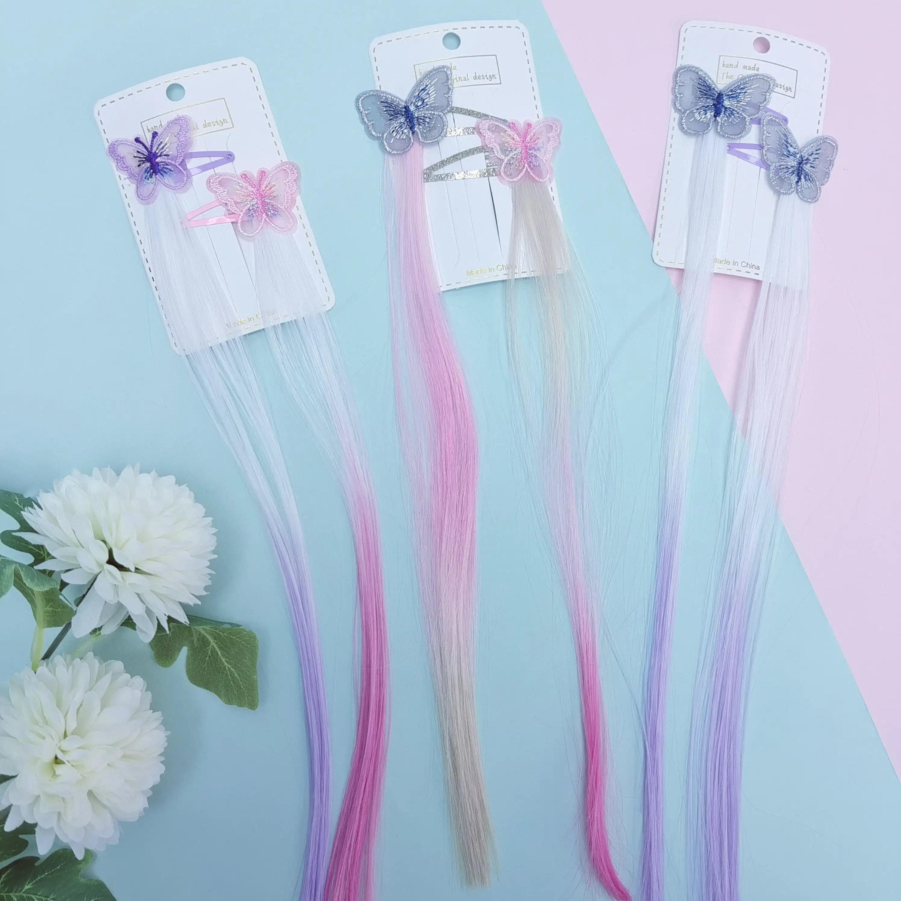 Классические сладости, детские вышитые розовые бабочки, красочные парики, аксессуары для волос для девочек, фиолетовые детские заколки для волос Ancientry