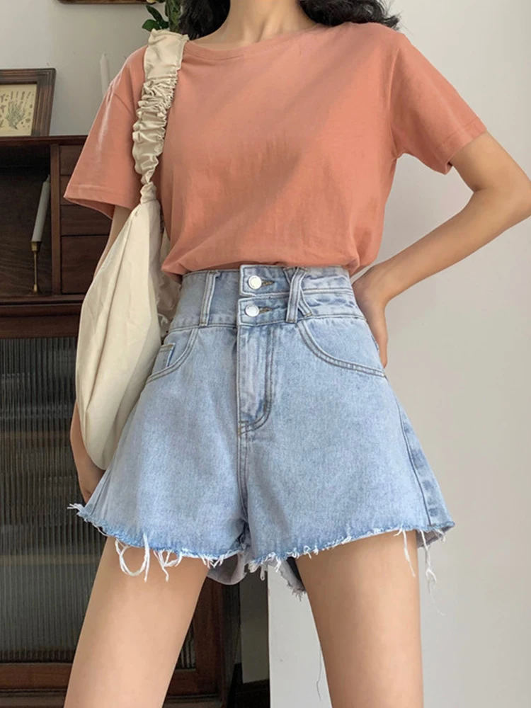 New Summer Women High Waist Wide Leg Raw Hem Blue Denim Shorts Streetwear Female Loose Button Jeans Shorts Bottoms