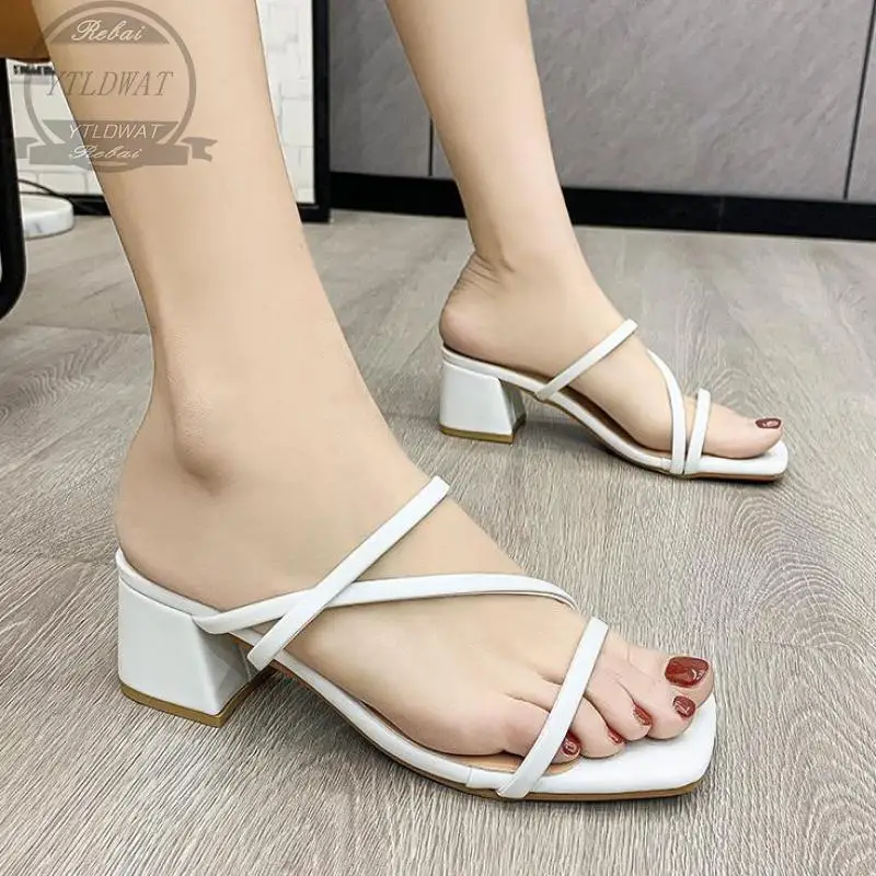 2022 INS Summer Elegant Women 5cm Square High Heels Slides Mules Designer Black Orange Pink  Beach Slippers Female Shoes