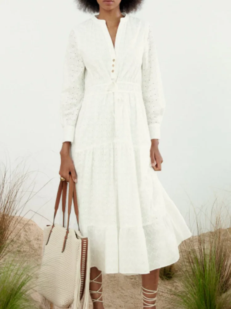 

Женское винтажное платье на пуговицах Kumsvag, белое Повседневное платье с вышивкой и V-образным вырезом, элегантное уличное платье на лето 2022