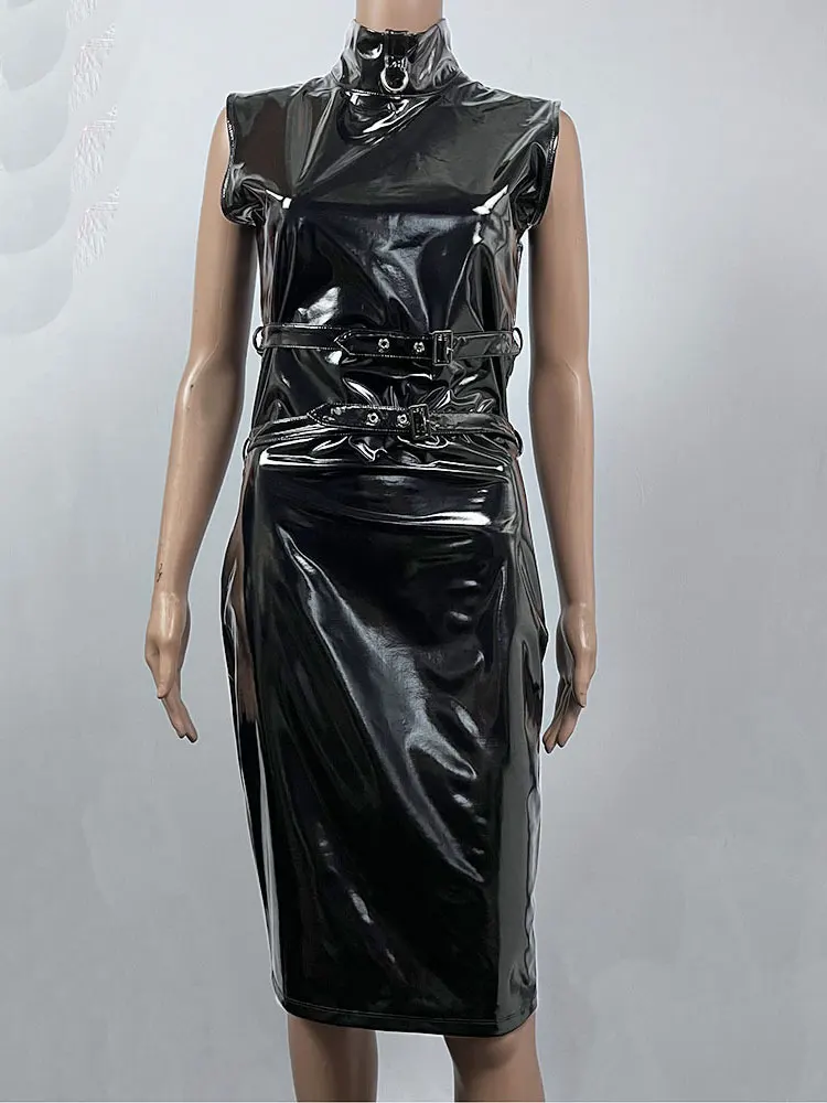 

Женские Соблазнительные элегантные платья для ночного клуба, облегающие платья из латекса с аммиаком, водолазка без рукавов, бандажные обтягивающие мини-юбки