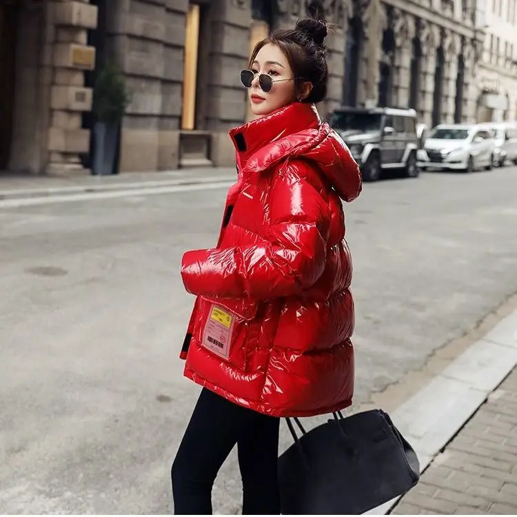 Hooded Down Women's Parka Fashion Mid-length Jacket Coat Bright Gloosy Padded Jacket Loose Warm Cotton Padded News Clothes S52