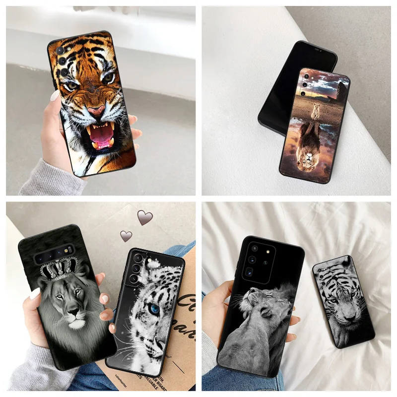 

Матовый черный чехол с леопардовым Тигром и защитой от падения для Samsung S23, S22, S21, S20, FE S10, Φ, Galaxy Note 20, Ultra 10, 9, чехол с изображением короля льва