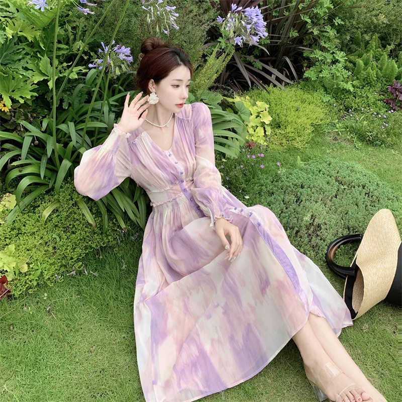

Fashion Tie Dye Midi Dress Elegant Lady Clothes V Neck Long Sleeve Waist Design Dresses For Women French Maxi Fairy Dress G517