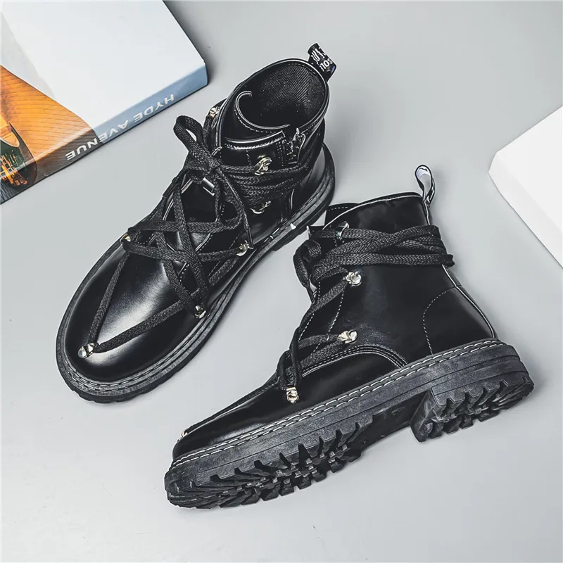 Autumn Designer Men Ankle Boots Leather Waterproof Thick Bottom Rubber Sneakers Outdoor Hiking Booties Male High Tops Work Shoes images - 6