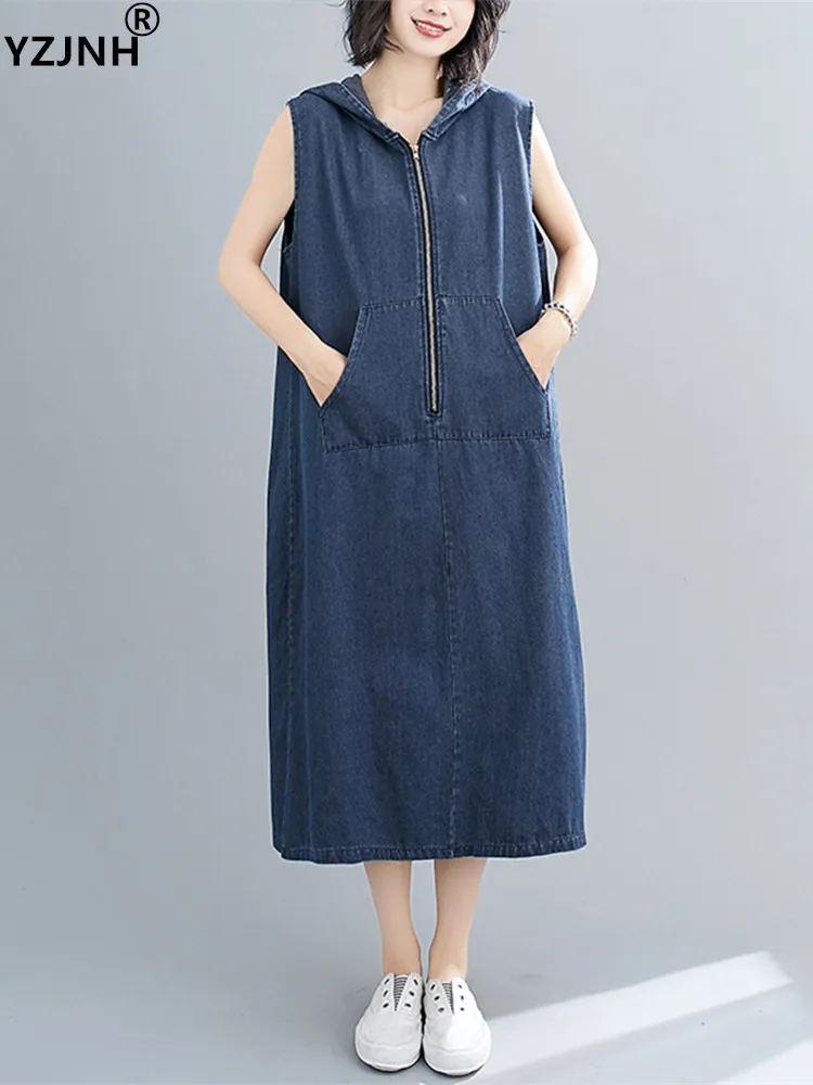 

Летнее Новое джинсовое платье YZJNH без рукавов с капюшоном, женское Свободное длинное платье на молнии, женское большое платье, 2023