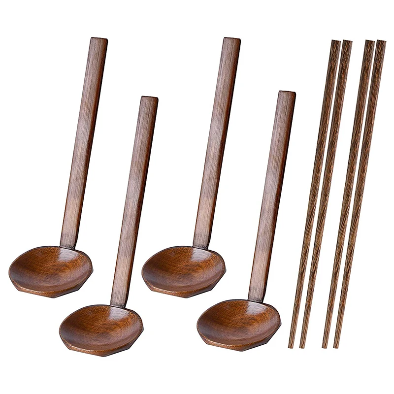 

4 Pieces Japanese Long Handle Large Spoon Ramen Spoon Wooden Hot Pot Spoon Tortoise Shell Spoon Wood Rice Soup Dessert