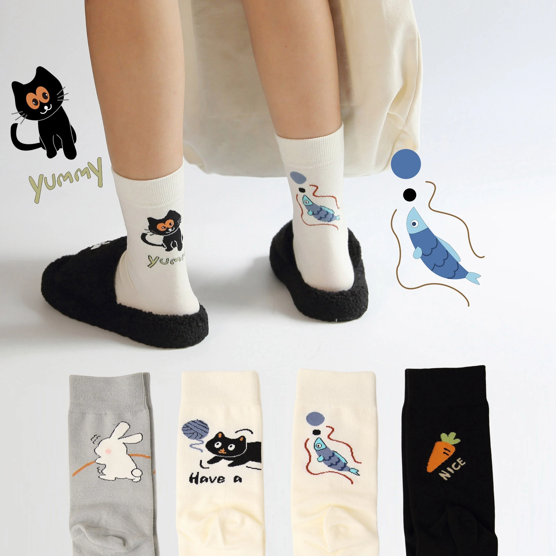 

New AB Women's Socks Cute Solid Color Cartoon Cat Fish Letter Cotton Socks Korea Fashion Hip Hop Midtube Tide Socks Hot Sale