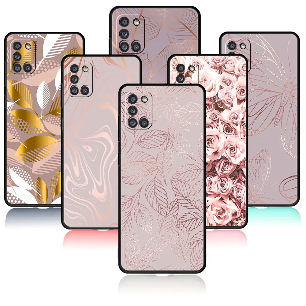 

For Samsung Galaxy A72 A31 A02s A71 A32 4G A41 A52 A51 A21s A12 A22 A33 A13 A52s 5G A53 Rose Pink Gold Leaf TPU Phone Coque