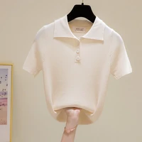 vintage polo lapel shirt women t shirts 2021 summer knitted short sleeve summer solid turndown collar button elegant slim top