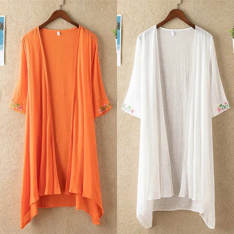 

Summer Cotton Linen Thin Coat Cardigan Mid-Length Women Shawl Jacket Embroidered Sun Protection Clothing Cape Windbreaker Female