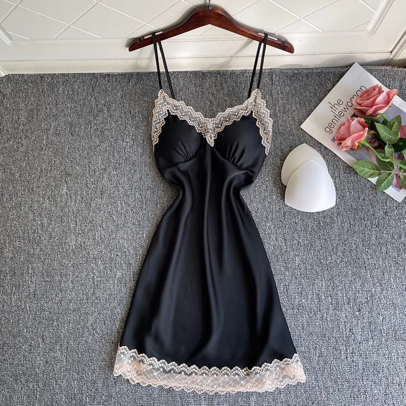 

Black Lace Nightdress Gown Strap Nightgown Women Summer Lingerie V-Neck Sleepdress Sexy Loungewear Silky Chemise Sleepwear