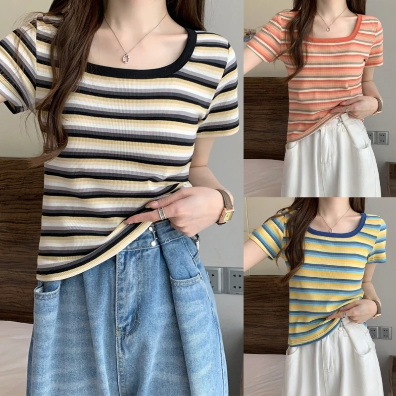 

All-match Square Neck T-shirt for Women Loose Striped Tops Short Sleeves T-shirt