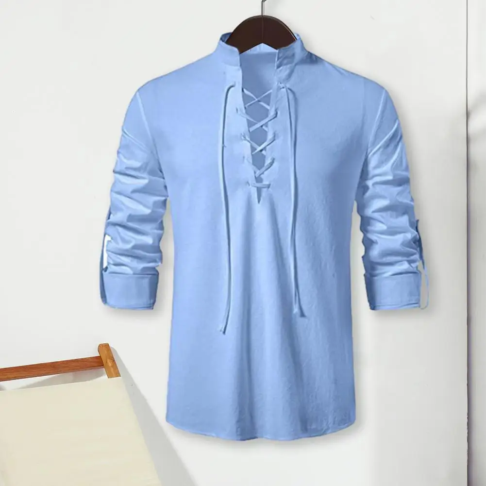 

Мужская винтажная рубашка в стиле ретро, приталенные мужские топы с воротником-стойкой, со шнуровкой, для повседневного стильного вида, со стоячим воротником
