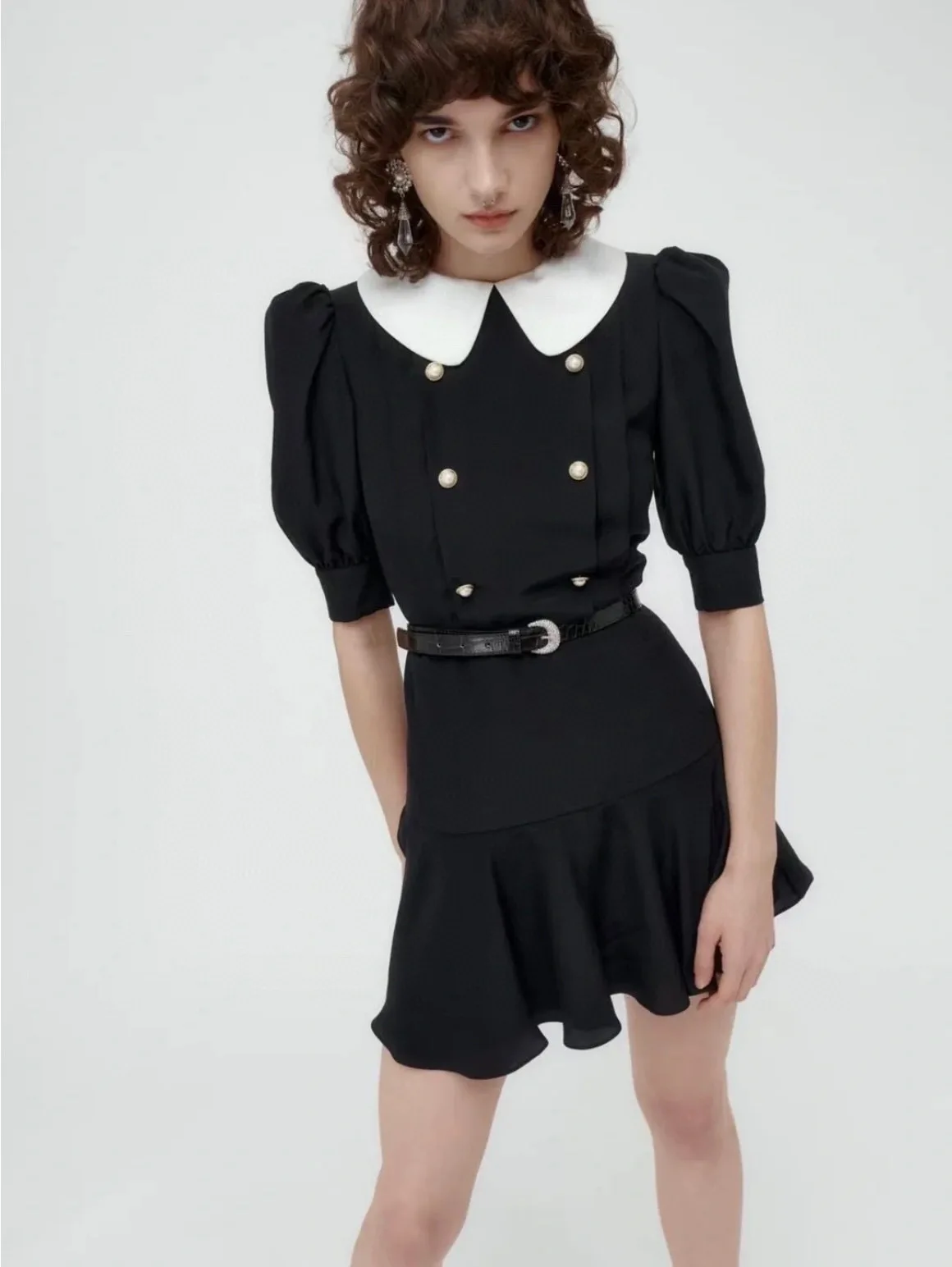 

Alessandr*Ric* 2022 Summer Women Dress 100%Silk Half Sleeve Zipper Above Knee Button Decoration Casual