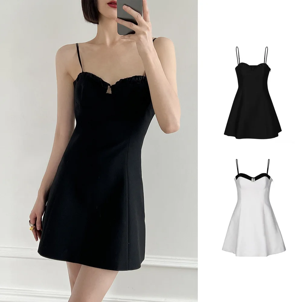 140981 Fashion Classic Trendy Luxury Designer cloth Black and White Flare Bottom Waist Wrap Strap Dress Women