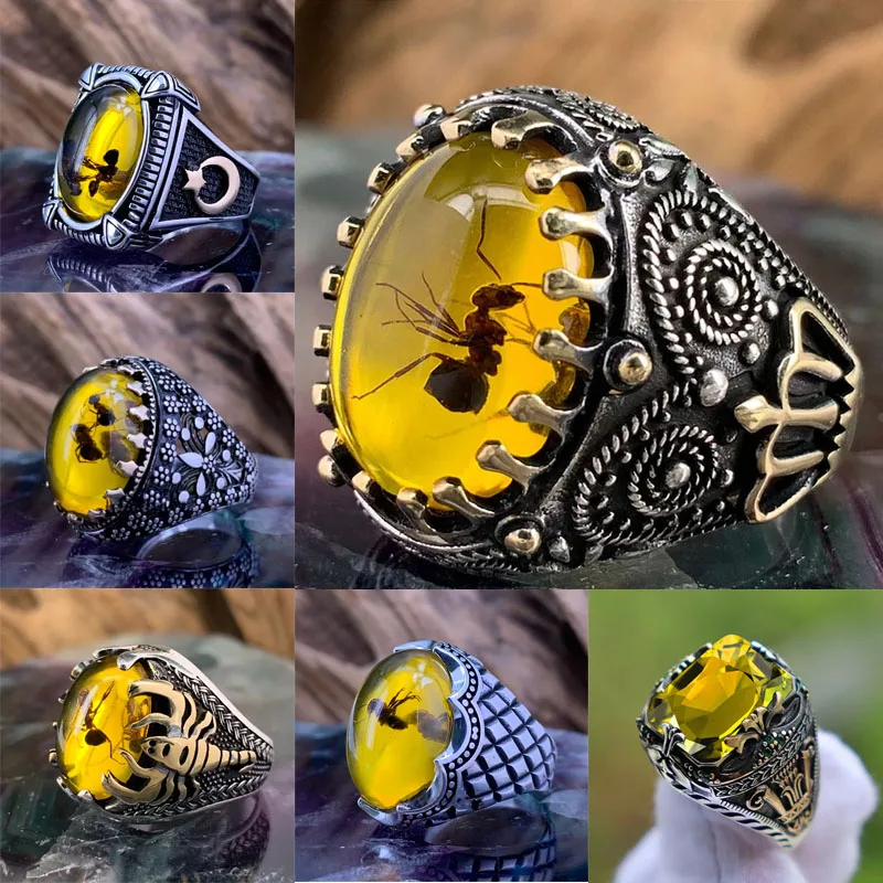 

New Vintage Large Oval Natural Agate Stone Rings Men's Vintage Inlaid Yellow Amber Ant Rings for Wedding High Quality Jewelry