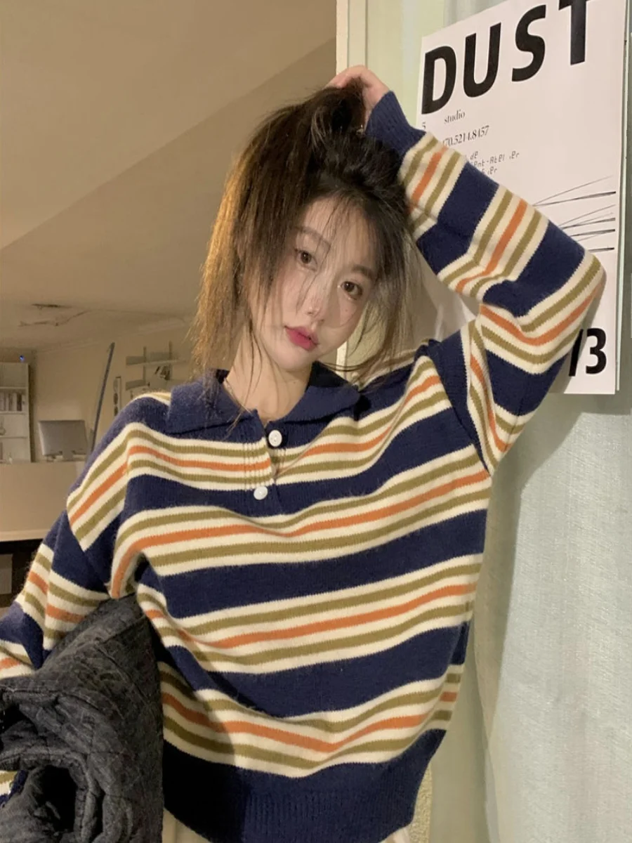 Свитер в полоску с воротником-поло стиле ретро женский осенне-зимний новый