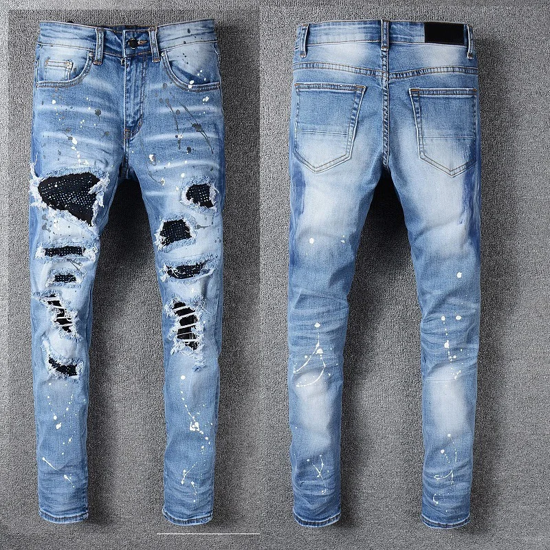 

Blue Ripped Men Skinny Luxury Brand Streetwear Long Jeans Hole High Quality Male Stretch Fit Casual Denim Trousers Hombres
