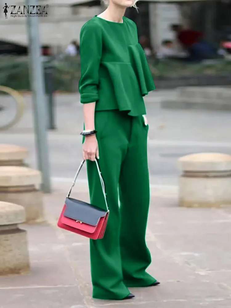 

ZANZEA Spring Women Solid Color Suit Full Sleeve O-Neck Shirt Blouse Fashion Casual Elegant Holiday Loose Wide Leg Pant Outfits