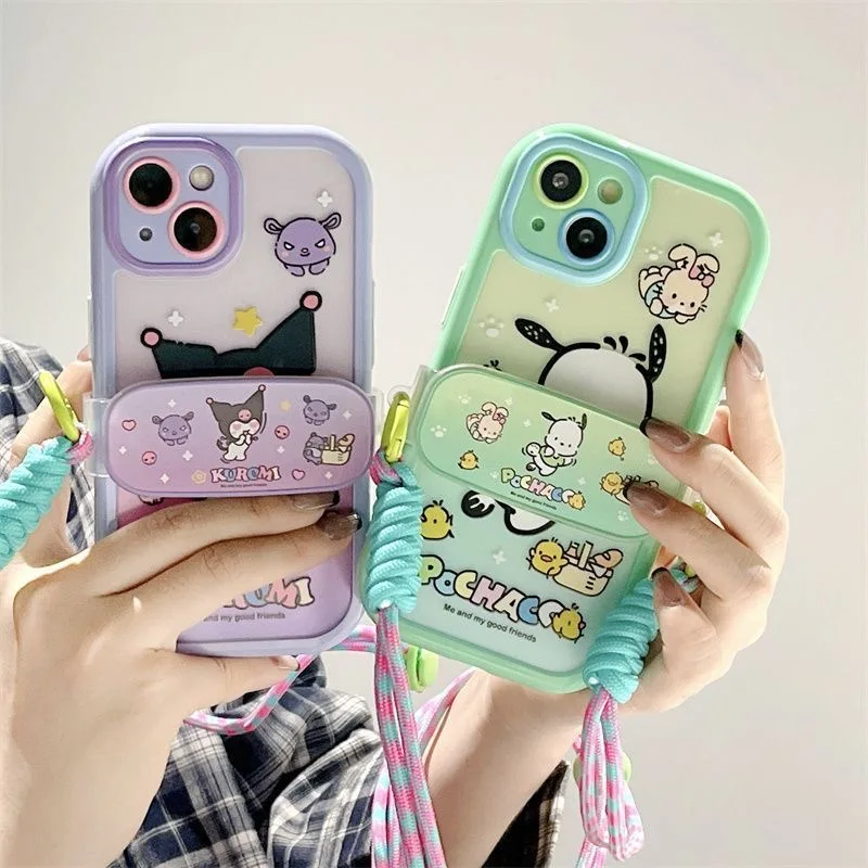 Creative Buckle Sanrio Pochacco kuromi with Crossbody Strap Phone Cases For iPhone 14 13 12 11 Pro Max XR XS MAX X Back Cover
